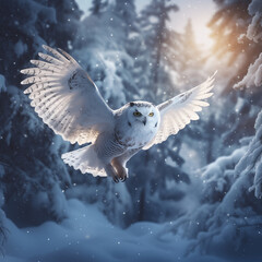 snowy owl flying in the forest in winter