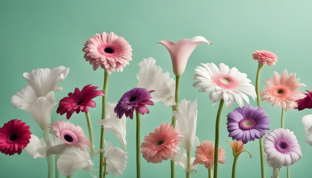 Beautiful pink, purple and white flowers on a pastel green background.