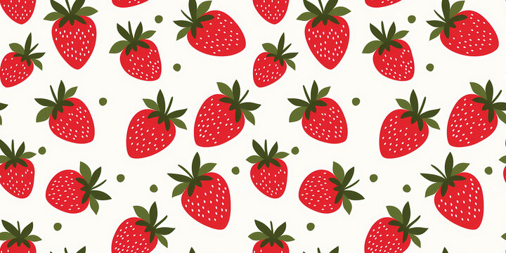 Seamless Pattern with red strawberries, green polka dots on white background. Simple hand drawn strawberries with green tips. For graphic design, printing, packaging paper, wallpaper, interior