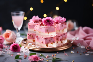 delicious dessert pieces of pink jelly decorated with rose flowers