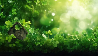 Clover and a small forest house, concept St.Patrick 's Day