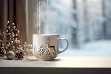 Hot steaming coffee or tea cup in christmas reindeer design standing on table with background of winter forest