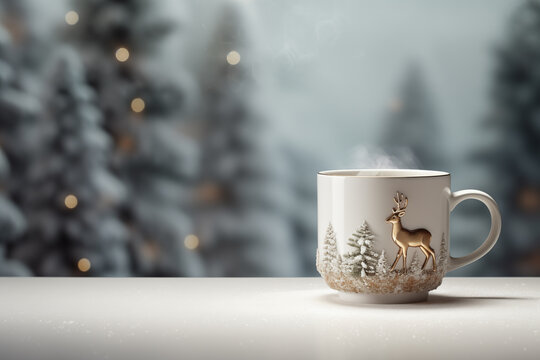Hot steaming coffee or tea cup in christmas reindeer design standing on  background of winter forest