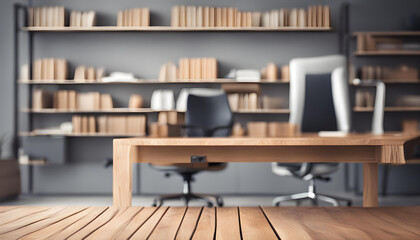 Office blur background with wooden desk and modern chair