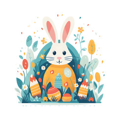 Easter bunny with easter egg in flat style on white background.