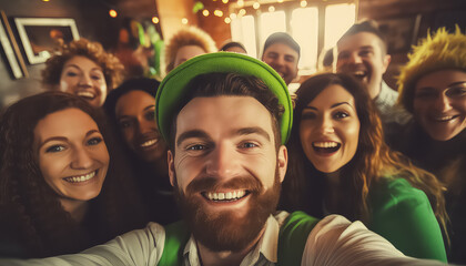 , concept St.Patrick 's DayJoyful people taking selfies together in bar