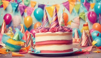 Colorful birthday party background with birthday cake and party hats - Powered by Adobe