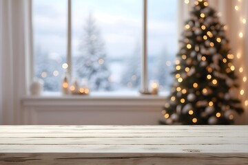 Empty wooden table with christmas theme in background. Christmas decorations background.