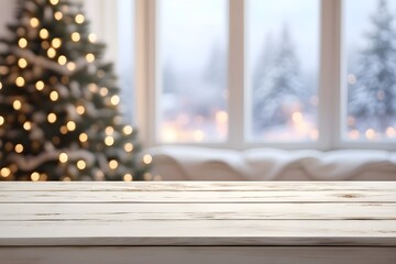Empty wooden table with christmas theme in background. Christmas decorations on a white background.