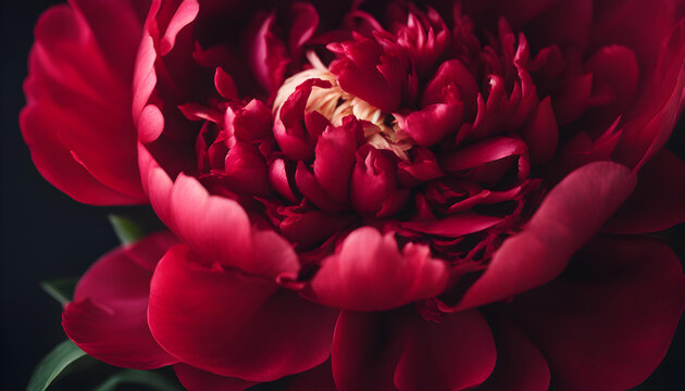 Red peony flower,close-up with selective focus and dark blurred background.