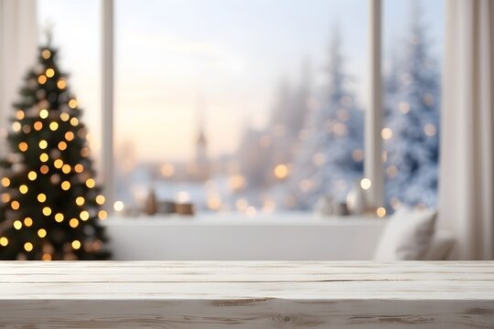 Empty wooden table with christmas theme in background. Christmas background.