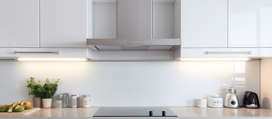Contemporary white kitchen featuring a sleek chrome hood and built in oven