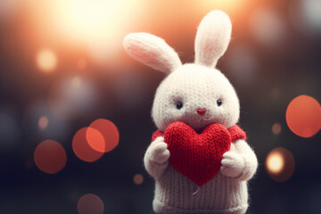 Cute, funny bunny cradling a vibrant red heart in its arms. This heartwarming scene embodies the essence of love and affection. Ai generated