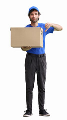 full-length male courier holding a box on a white background