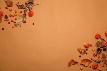 Dry autumn leaves, berries and cones on light brown background, flat lay. Space for text