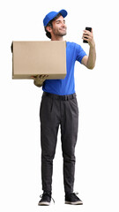 full-length male courier holding a box on a white background