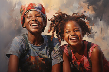 two young African girls wearing headwraps and backpacks, sitting side by side and laughing. - obrazy, fototapety, plakaty