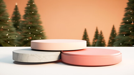 .3D rendering of a Christmas round pastel pink, marbled podium with Christmas trees with bokeh on a pink background for your Christmas project, product