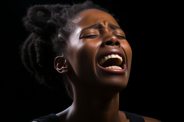 Black woman screams in pain on black background