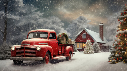 red vintage truck and  christmas tree  in the snow