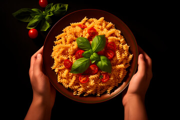 a plate of fusilli pasta with a little cherry tomato and grated cheese. fresh basil leaf on top of the pasta. The person is not fully visible, only the hands. Background with copy space. Realistic, hi - obrazy, fototapety, plakaty
