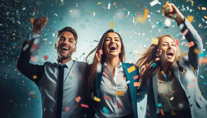 Group of people in business attire rejoicing and celebrating, business concept - obrazy, fototapety, plakaty