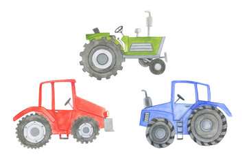 Set of watercolor illustration of colorful tractors. Cartoon farm vehicles. Funny cars