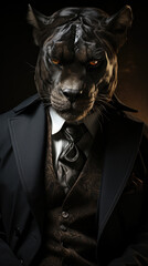Portrait of a black panther in a business suit on a dark background