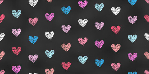 Seamless Grunge Pattern of Chalk Drawn Sketches Pink, Red, White and Blue Hearts on Dark Chalkboard Backdrop.