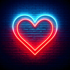 A heart-shaped neon light with a red and blue neon background lighting effect on unplastered brick walls