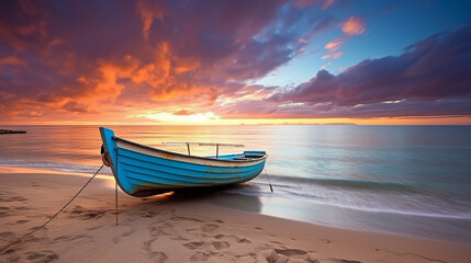 boat on the beach at sunset