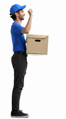 full-length male courier holding a box on a white background