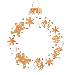 gingerbread cookies, marshmallows and confetti in the shape of a Christmas ornament with copy space...