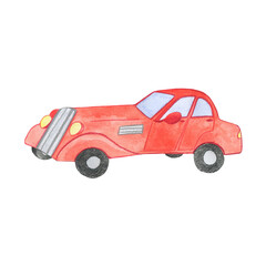 Watercolor illustration of a cartoon red car. Funny old retro car