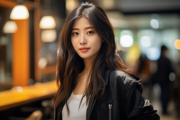Obraz premium Youthful Korean girl shopping in a grocery store. 