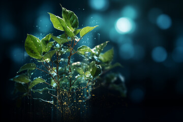 young but strong plant with digital elements. biotechnology and artificial intelligence grow together. information technology growth and strength. - obrazy, fototapety, plakaty