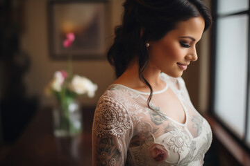 Beautiful bride with black hair looking down - obrazy, fototapety, plakaty