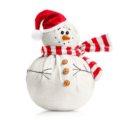 one snowman wearing a Santa hat and a striped scarf, isolated on a white background