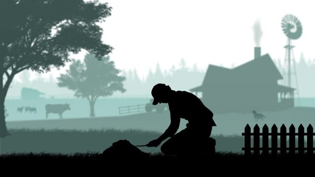 Portrait of gardener on animated graphic background with farm house and trees, isolated alpha channel. Silhouette of man farmer planting seeds, plant growing fast.