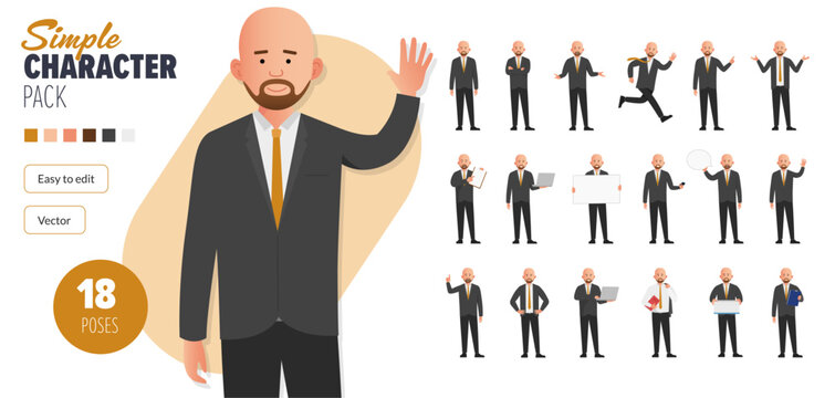 Simple flat male businessman vector character, wearing a suit in a set of multiple poses. Easy to edit and isolated on a white background. Modern trendy style character mega pack with lots of poses.