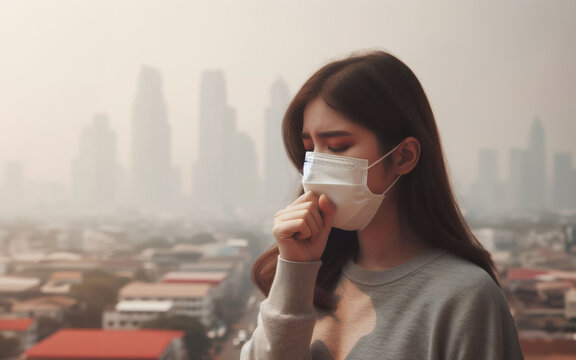 A woman wearing a protective mask coughs in a capital filled with PM2.5 smog and heavy metals in the air
