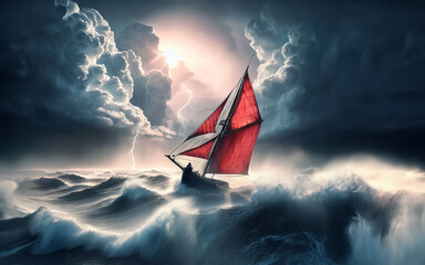 ship in the ocean Sea waves in a violent storm Sailboat on high waves in the scary sea - obrazy, fototapety, plakaty