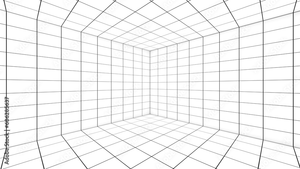 Poster a grid of lines in an empty, white room serves as a visual cue. ,a space with a distance-measuring g