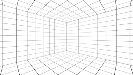 Deurstickers A grid of lines in an empty, white room serves as a visual cue. ,a space with a distance-measuring grid , a grid view,3d rendering © oselote