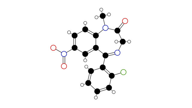 flunitrazepam molecule, structural chemical formula, ball-and-stick model, isolated image benzodiazepine