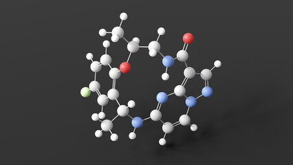 repotrectinib molecular structure, anti-cancer medication, ball and stick 3d model, structural chemical formula with colored atoms