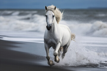 Beautiful magnificent white horse as it gracefully gallops along a beach adorned with black sand. Ai generated - obrazy, fototapety, plakaty