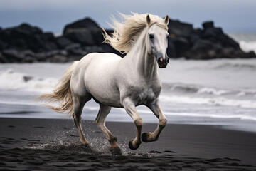 Beautiful magnificent white horse as it gracefully gallops along a beach adorned with black sand....