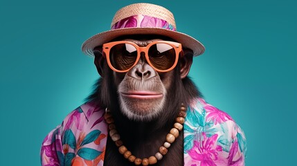 monkey wearing hat and accessories on light blue background - obrazy, fototapety, plakaty