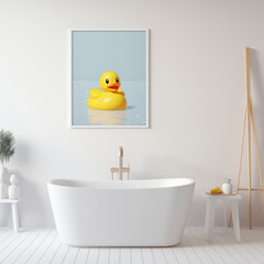 Bathroom with white freestanding bathtub and a picture on the wall with a yellow toy duck on it